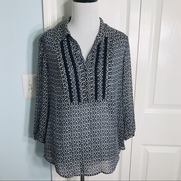 Lucky Brand Sheer Navy Blue & Cream Boho Peasant Top Size Small - Picture 2 of 7